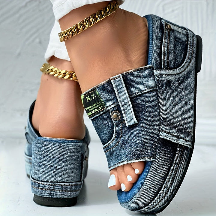 NORA DENIM PLATFORM SLIDERS