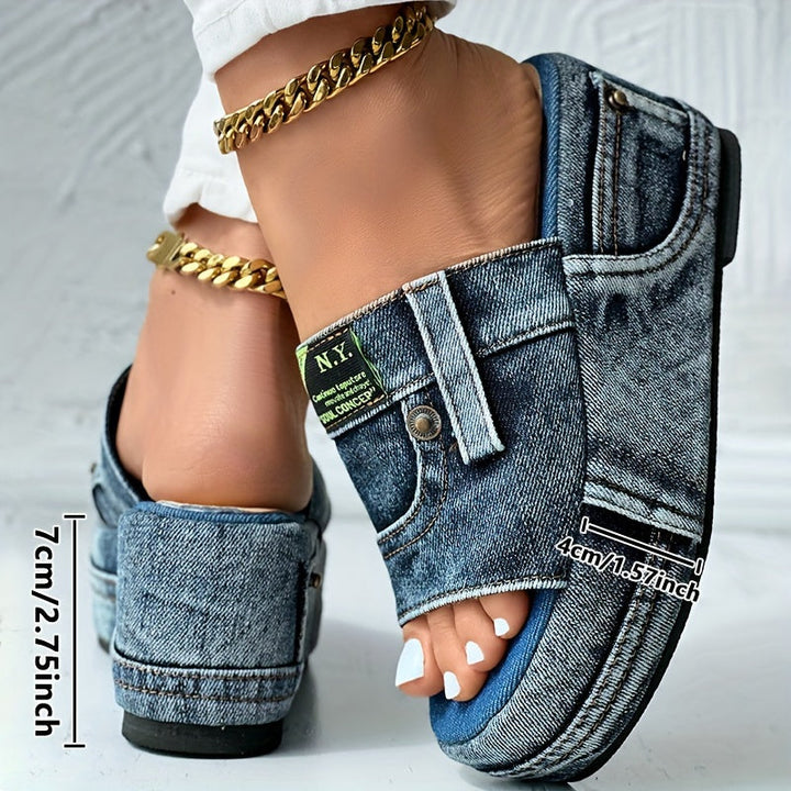 NORA DENIM PLATFORM SLIDERS