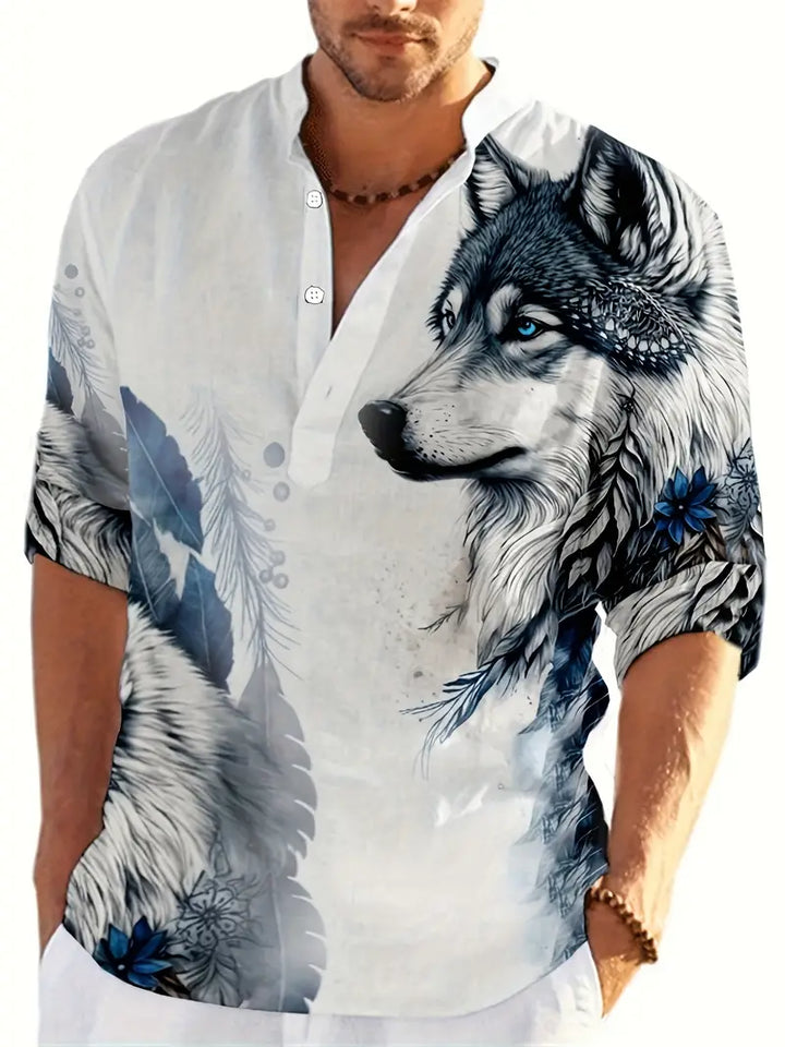 Ethan - Wolf Print Henley Shirt