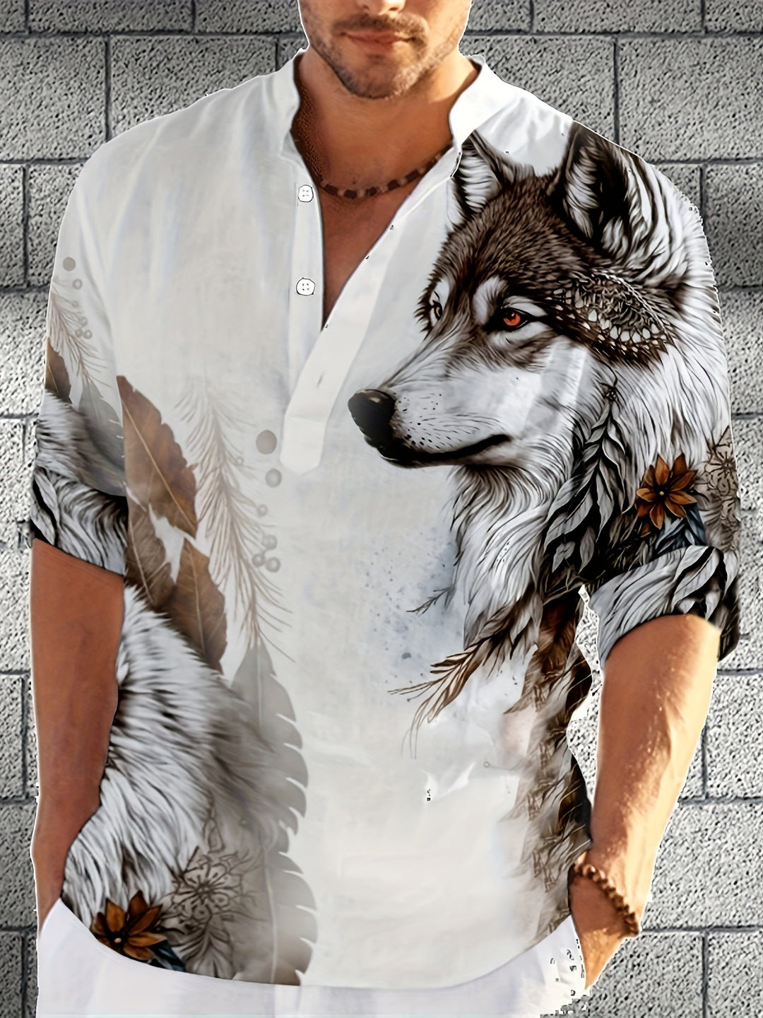 Ethan - Wolf Print Henley Shirt