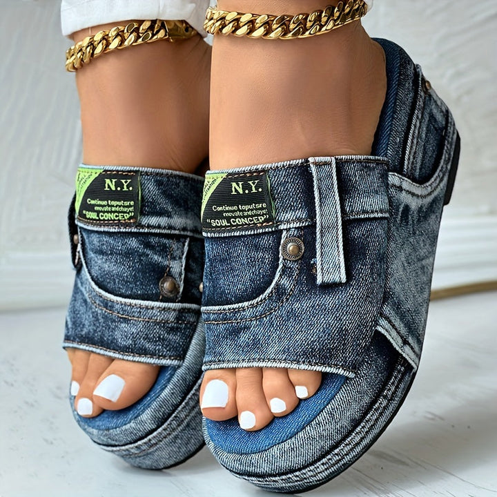 NORA DENIM PLATFORM SLIDERS