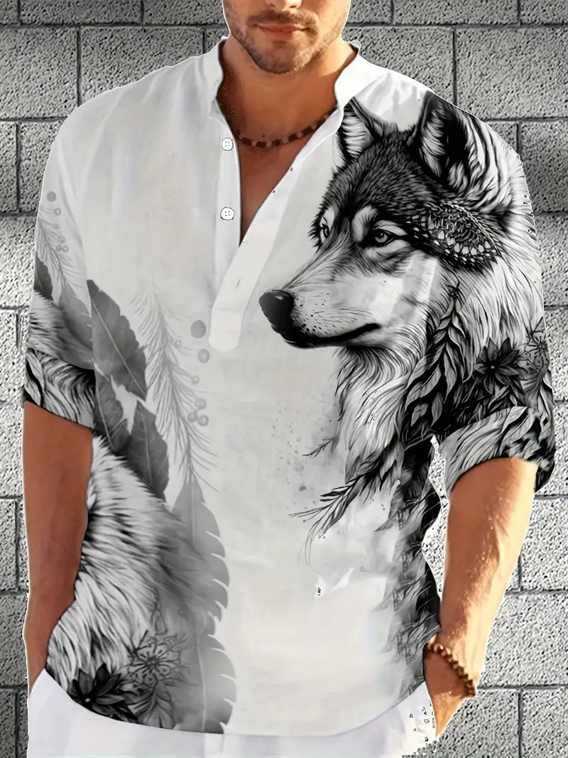 Ethan - Wolf Print Henley Shirt