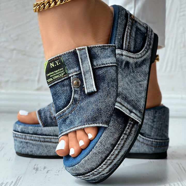 NORA DENIM PLATFORM SLIDERS